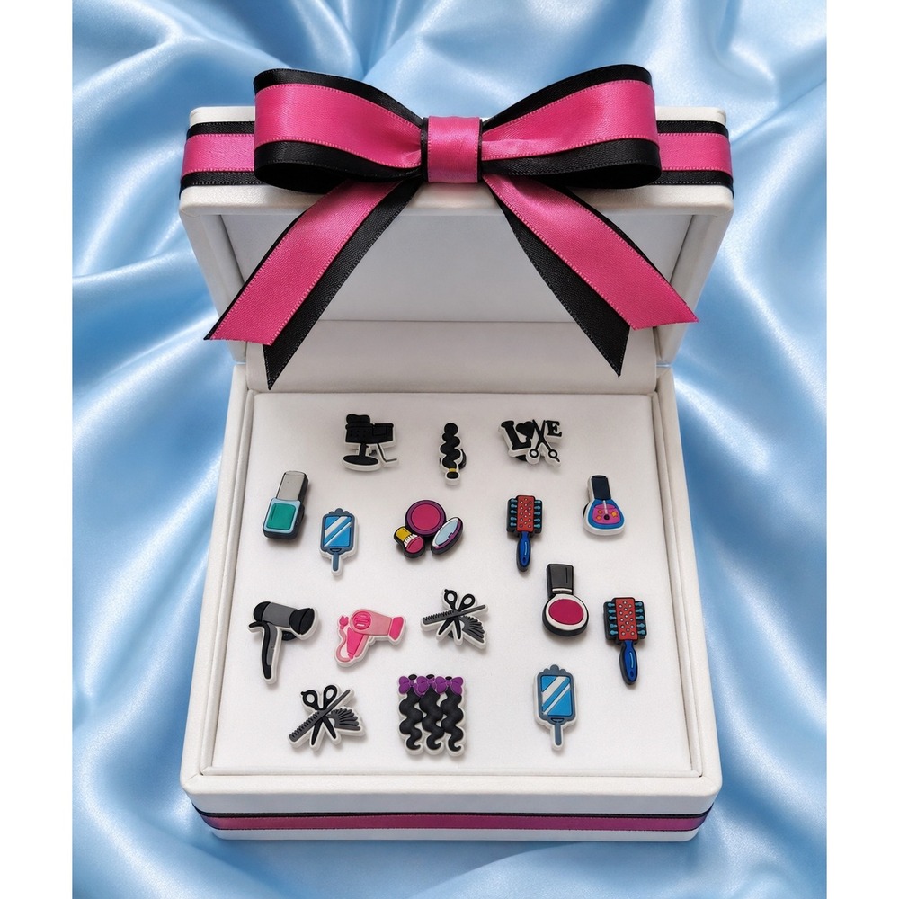 15pc Salon Beauty Hair Makeup Shoe Charms for Clogs Bags Pink Black Blue PVC